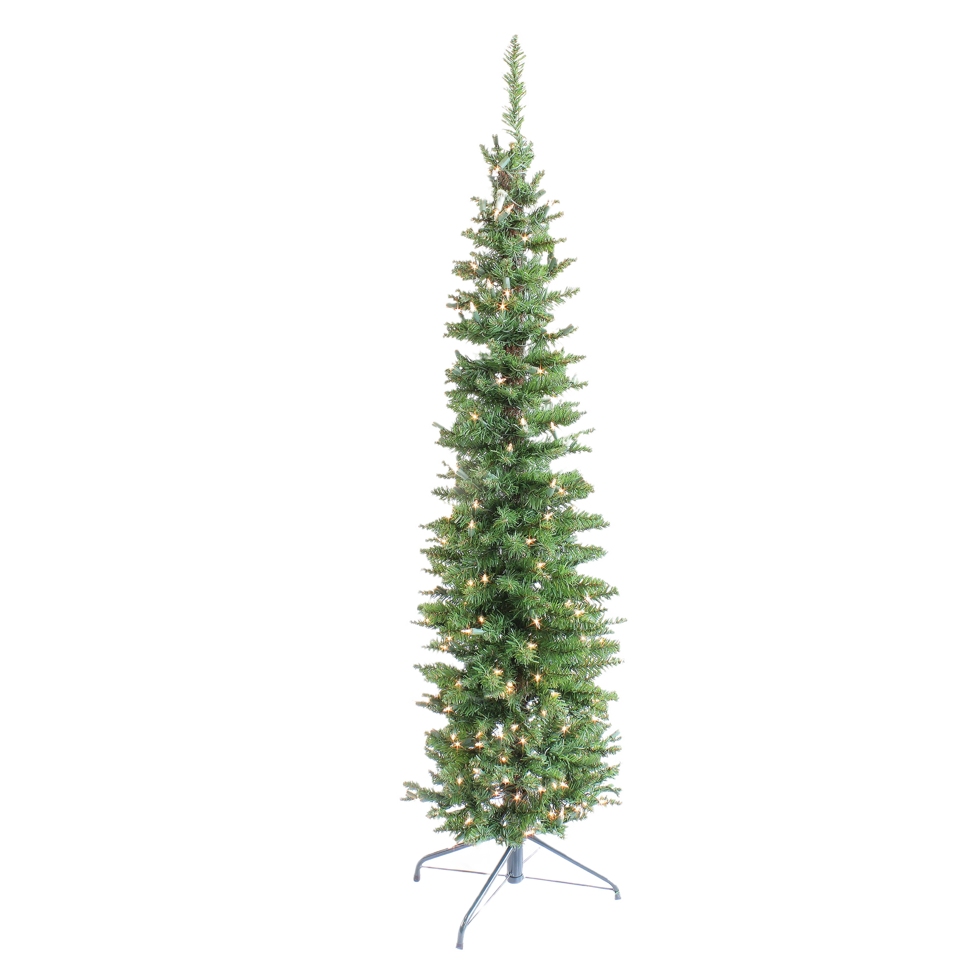 Slim 5-foot green spruce Christmas tree with clear incandescent lights and metal stand for holiday decor
