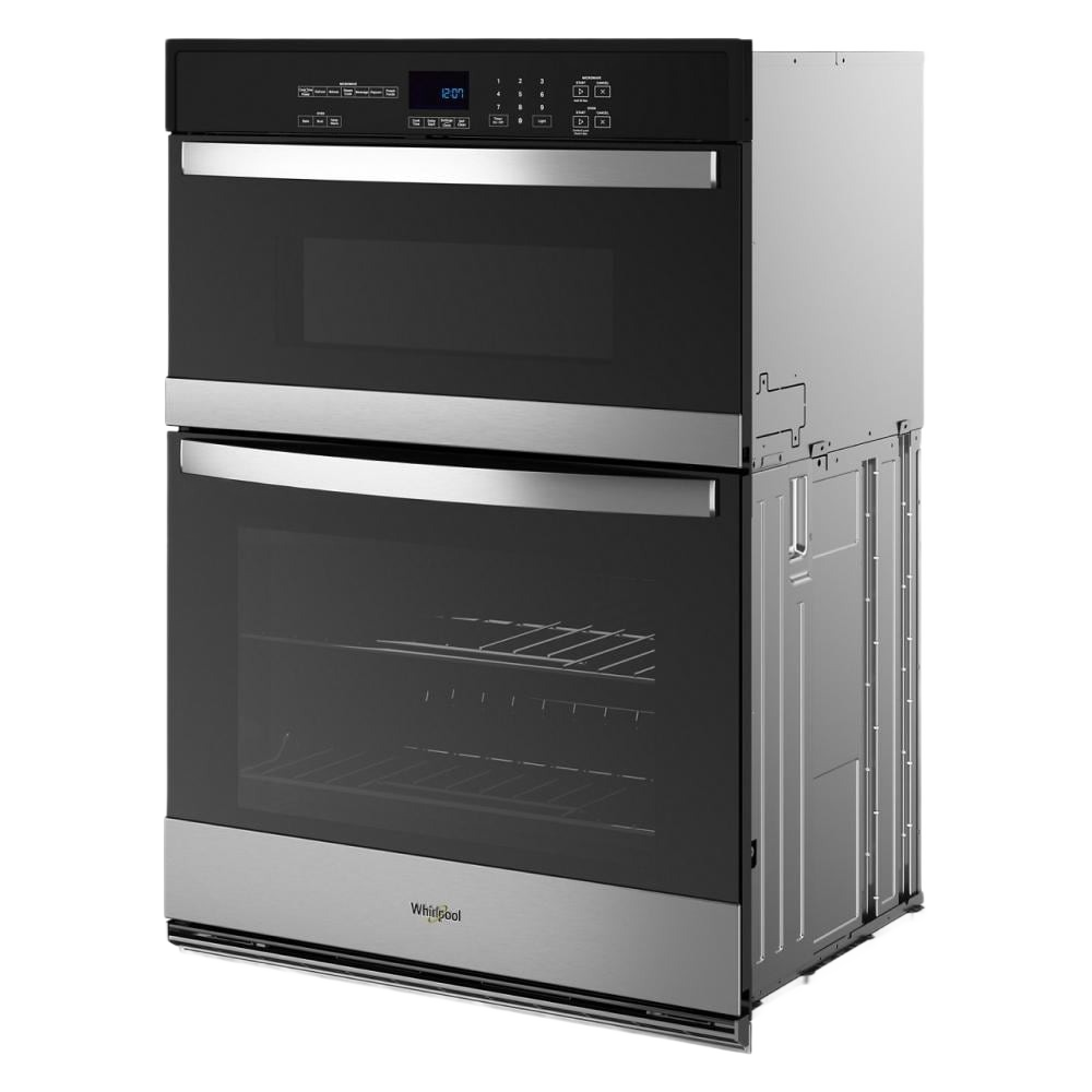 Built-in stainless steel combination microwave and wall oven with digital control panel, glass doors, and sleek handles, part of kitchen appliances collections.