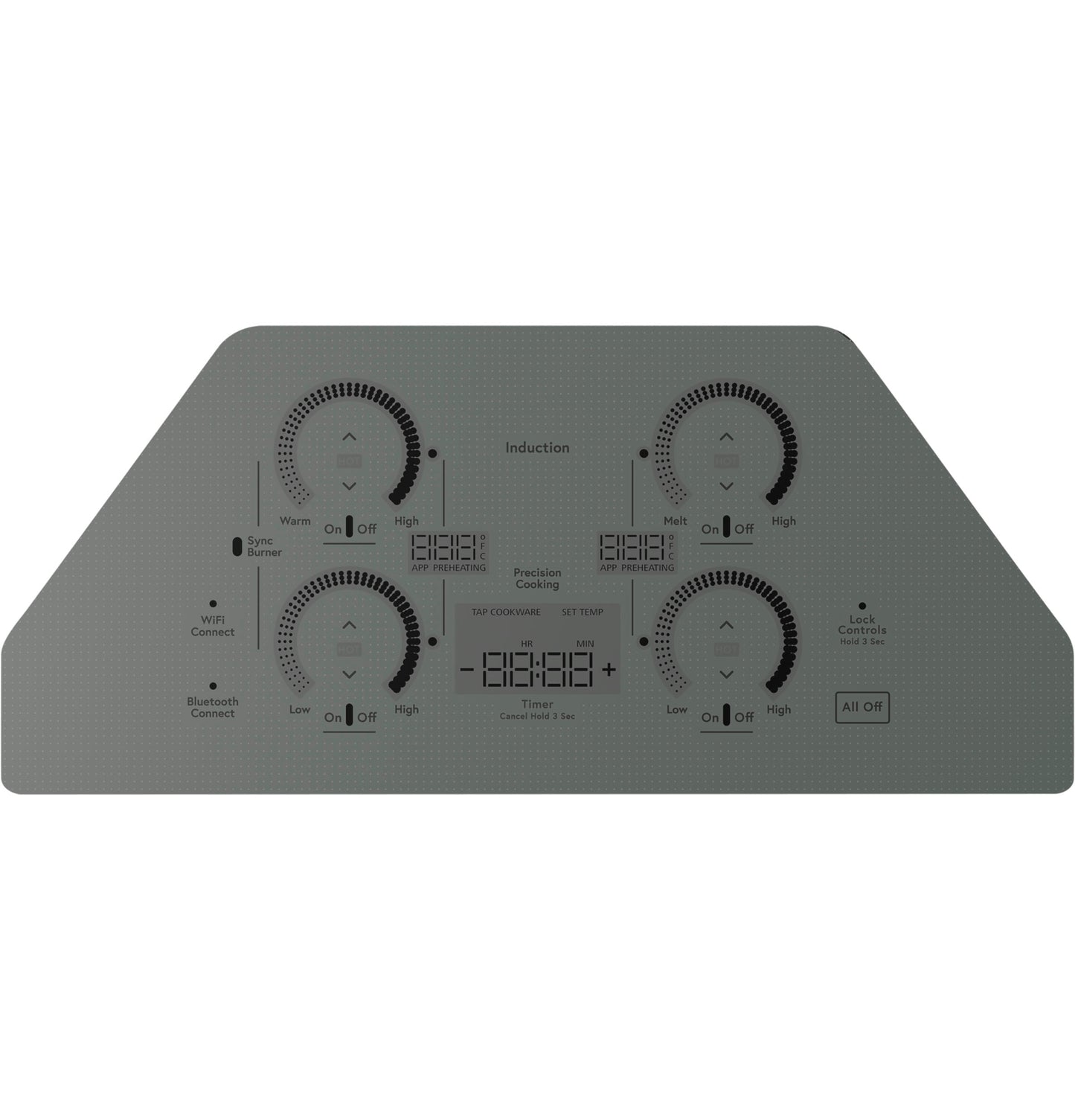 Silver touch control panel for built-in induction cooktop with four burner settings and digital displays from Kitchen & Kitchenware collections