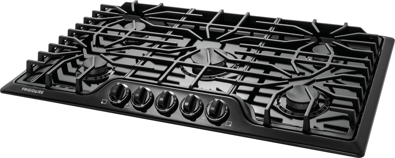 36-inch black gas cooktop with continuous light cast iron grates and sealed burners from appliances collection