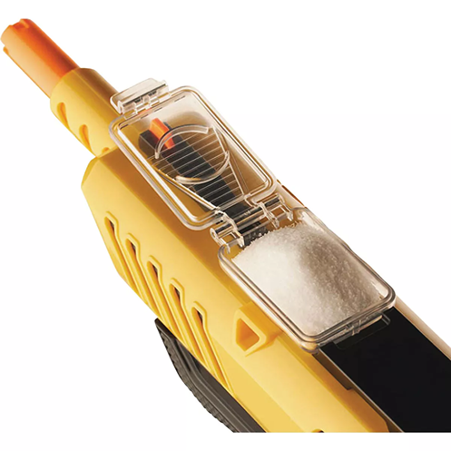 Yellow bug control device with improved accuracy and safety features for pest control in lawn and garden collections