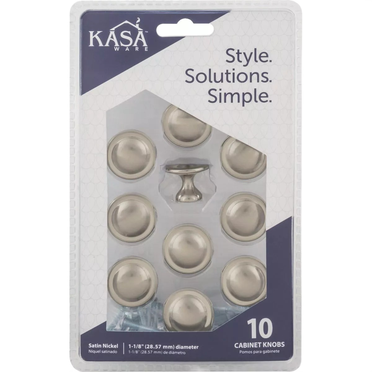 Set of ten satin nickel mushroom-style cabinet knobs with mounting screws in hardware and furniture accessories collection