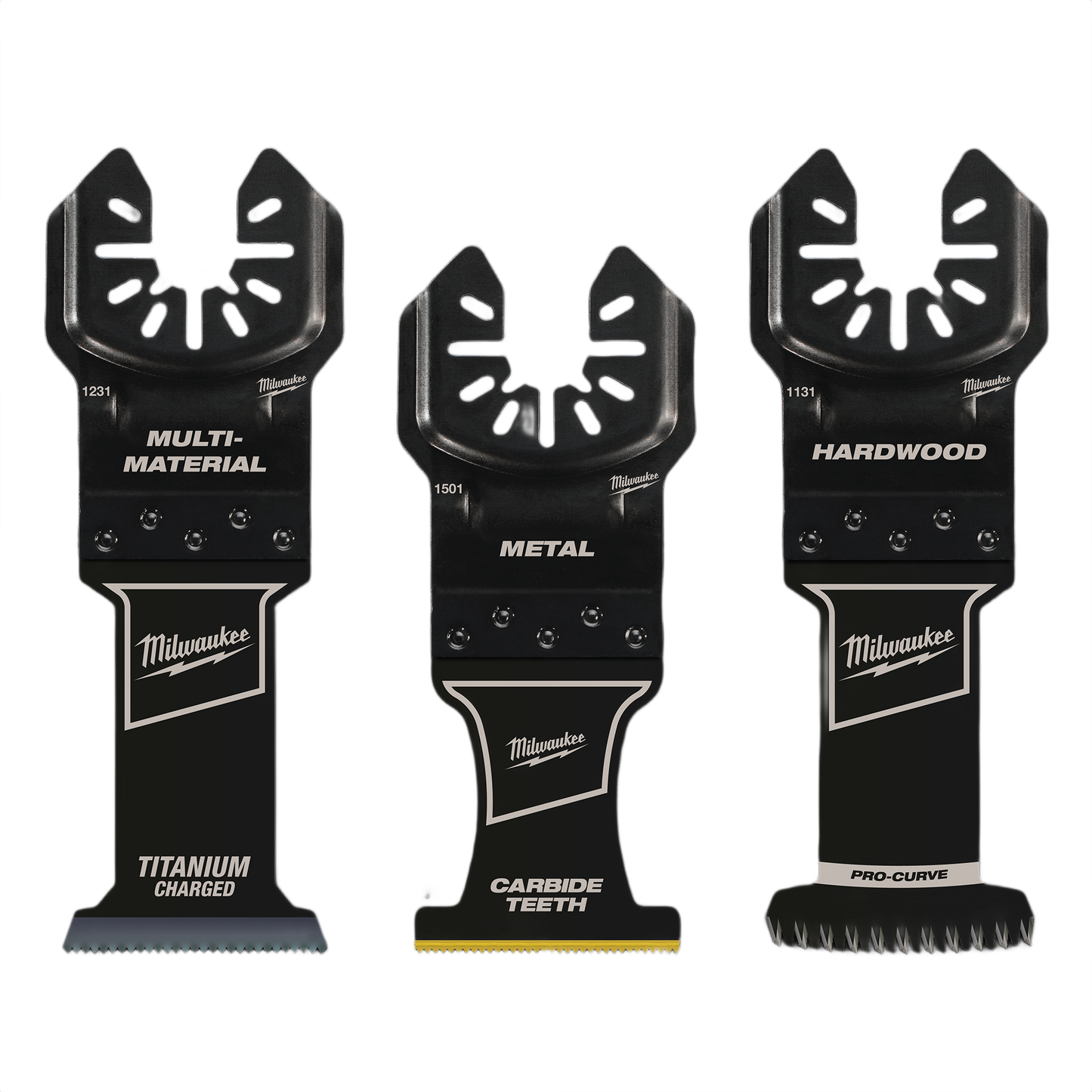 Set of three Milwaukee multi-tool blades designed for cutting hardwood, metal, and multi-material applications in tools and home improvement