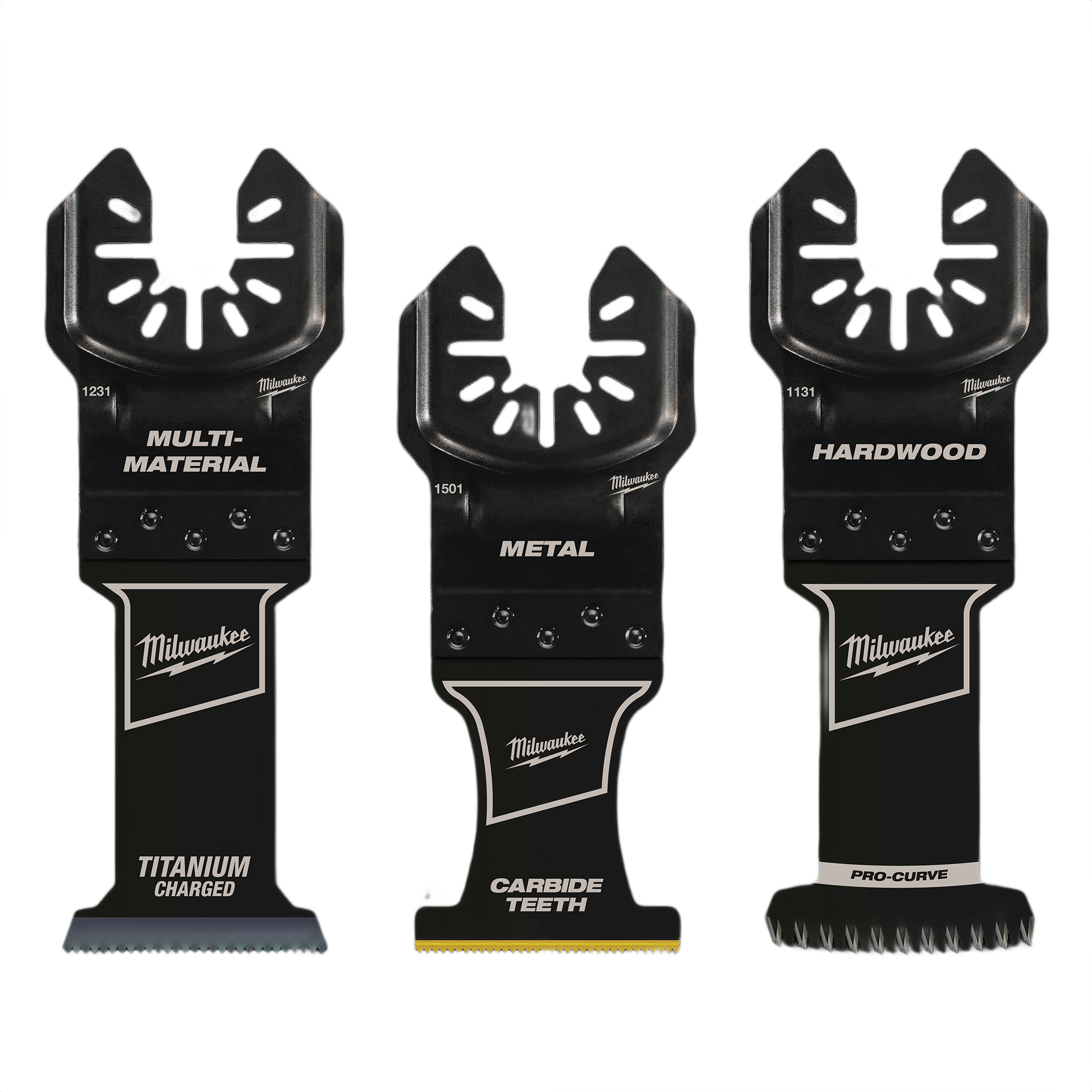 Set of three Milwaukee multi-tool blades designed for cutting hardwood, metal, and multi-material applications in tools and home improvement