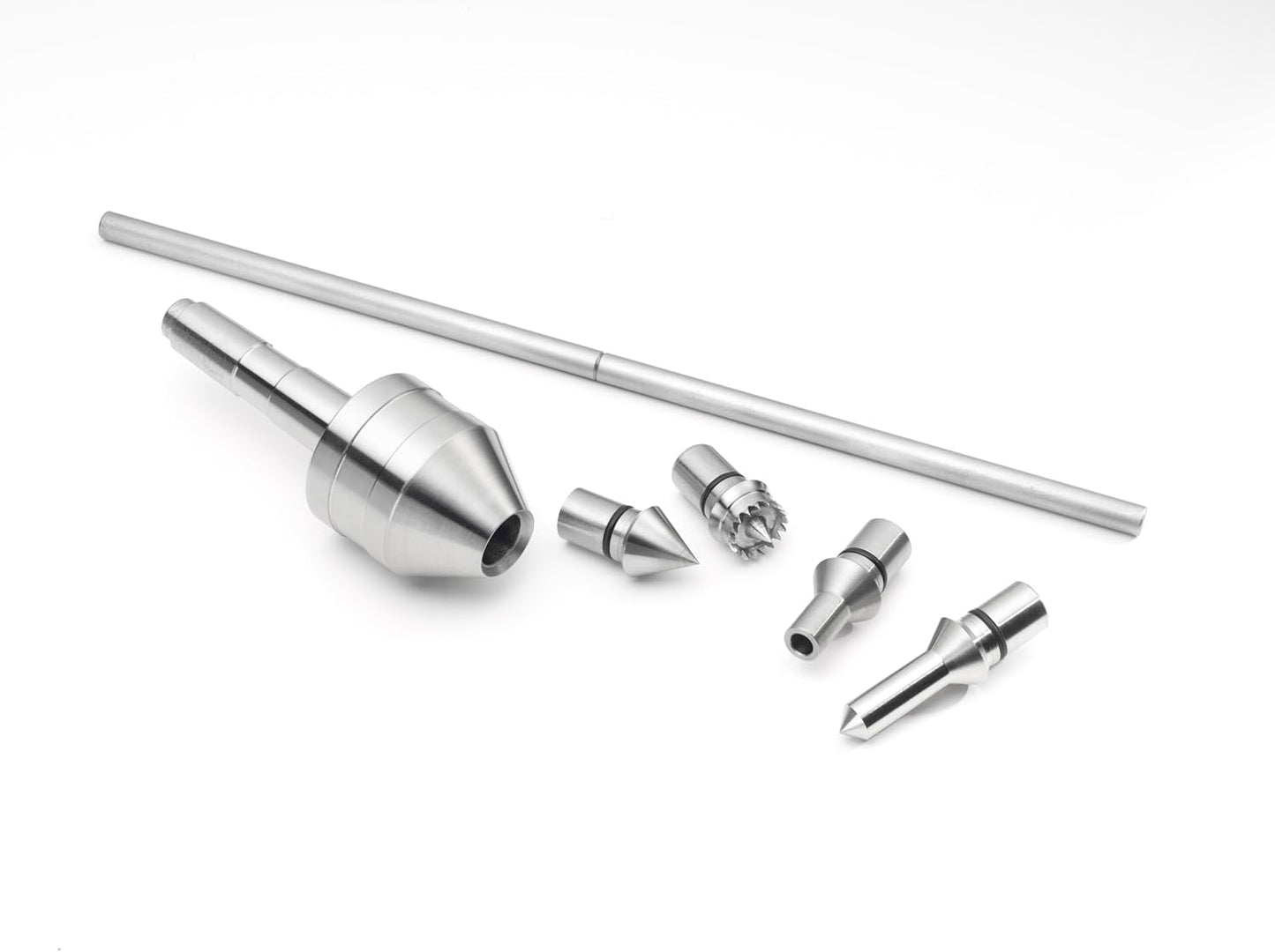 Set of precision steel universal live center components with various interchangeable tips and a long alignment rod for tool use