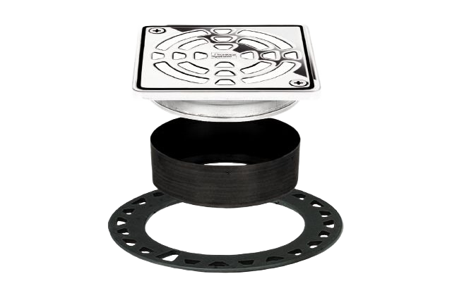 Chrome-finished square floor drain grate kit with circular sealing ring for home improvement plumbing projects