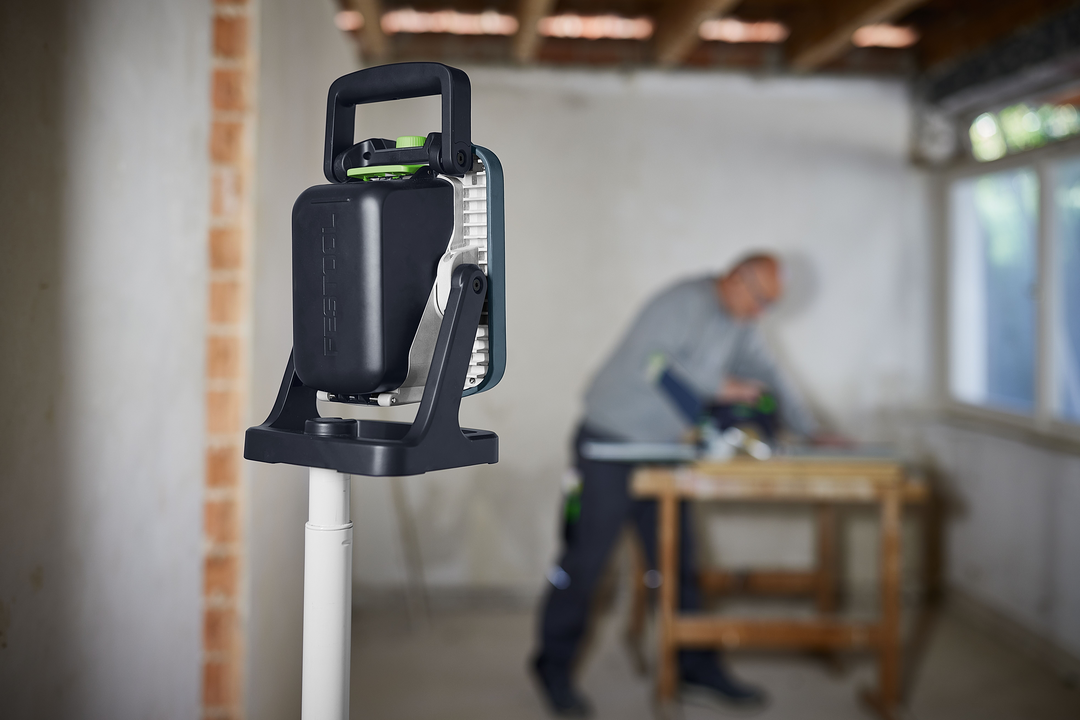 Compact cordless work light with adjustable mount for versatile positioning in Festool Syslites and work lights collections