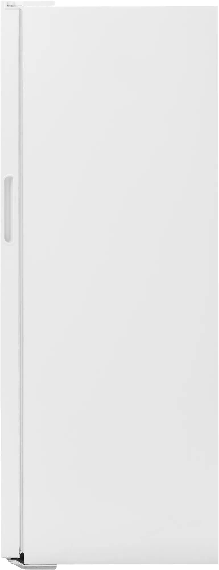 White garage-ready upright freezer with integrated side handle and smooth door, featured in Freezers & Ice Makers, Kitchen & Kitchenware, and Appliances collections.