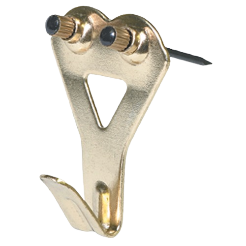 Brass-plated classic two-nail picture hanger with nails included for durable wall decor and home improvement use under $50