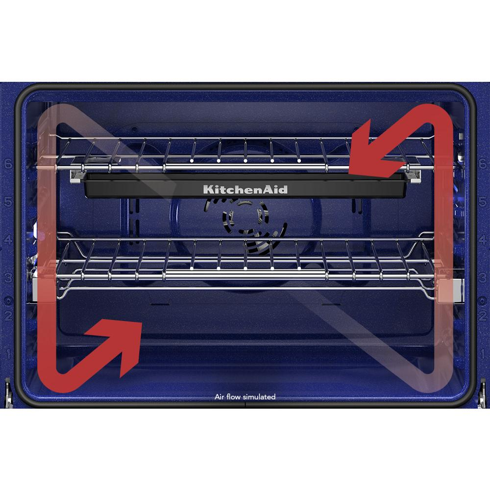 Interior view of white KitchenAid smart single wall oven showing even-heat convection airflow with two racks