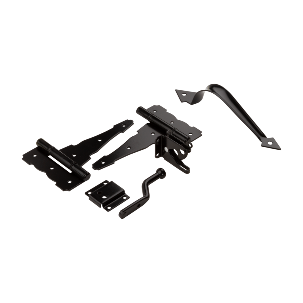 Black plated steel gate hardware set including hinges, latch, and handle for home improvement and gate hardware accessories