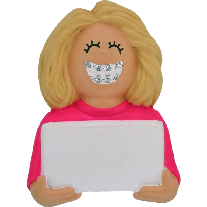 Blonde smiling female figurine with braces holding blank sign for Christmas Ornaments & Tree Decorations collection