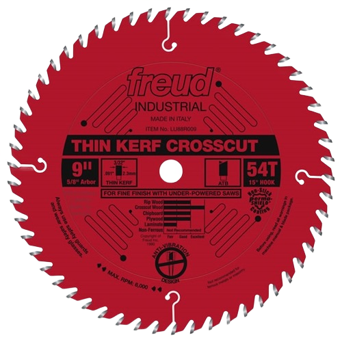 Red industrial thin kerf crosscut saw blade with 54 teeth designed for fine finish woodworking and home improvement use