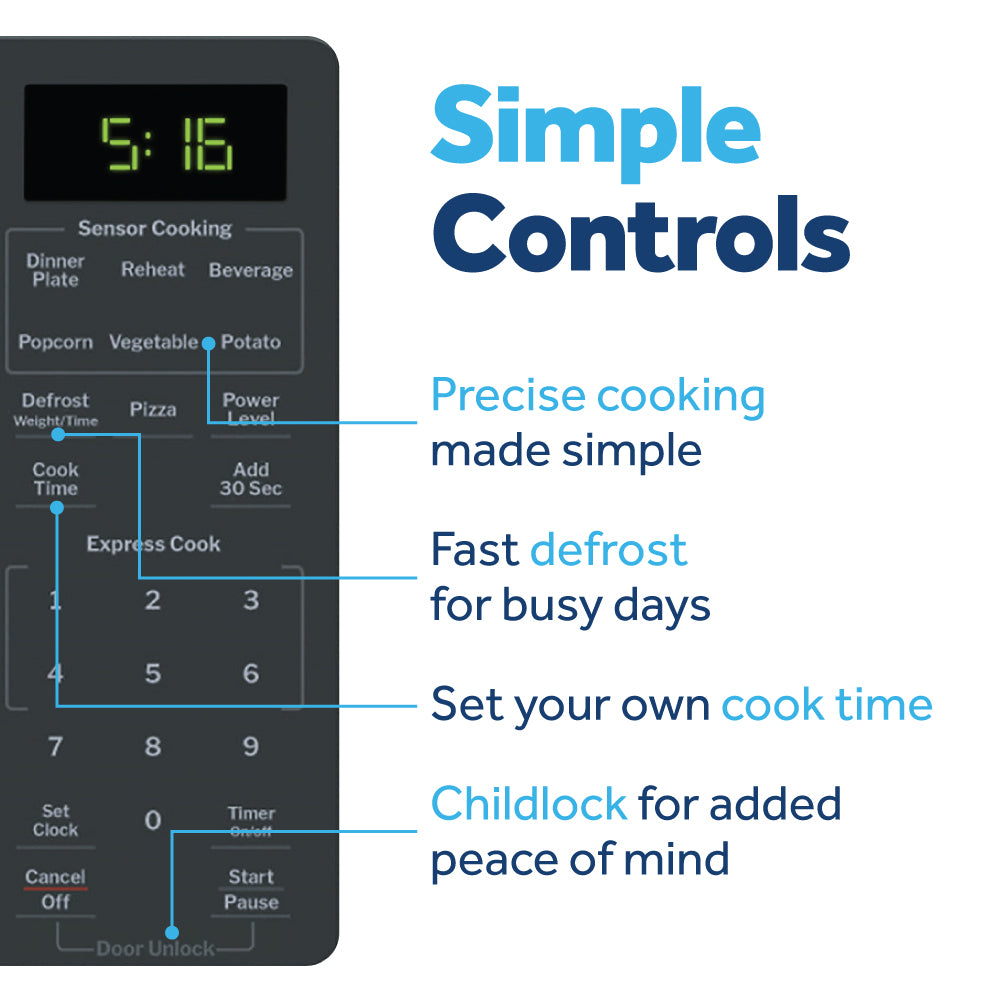 Close-up of microwave control panel highlighting simple settings for cooking, defrost, timer, and childlock features