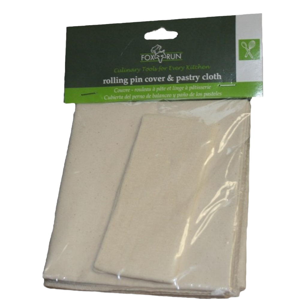 Natural beige fabric pastry cloth with matching rolling pin cover for baking and dough preparation tasks