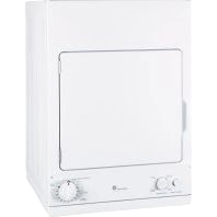 White compact stationary electric dryer with front door and control knobs, ideal for small laundry spaces in homes.