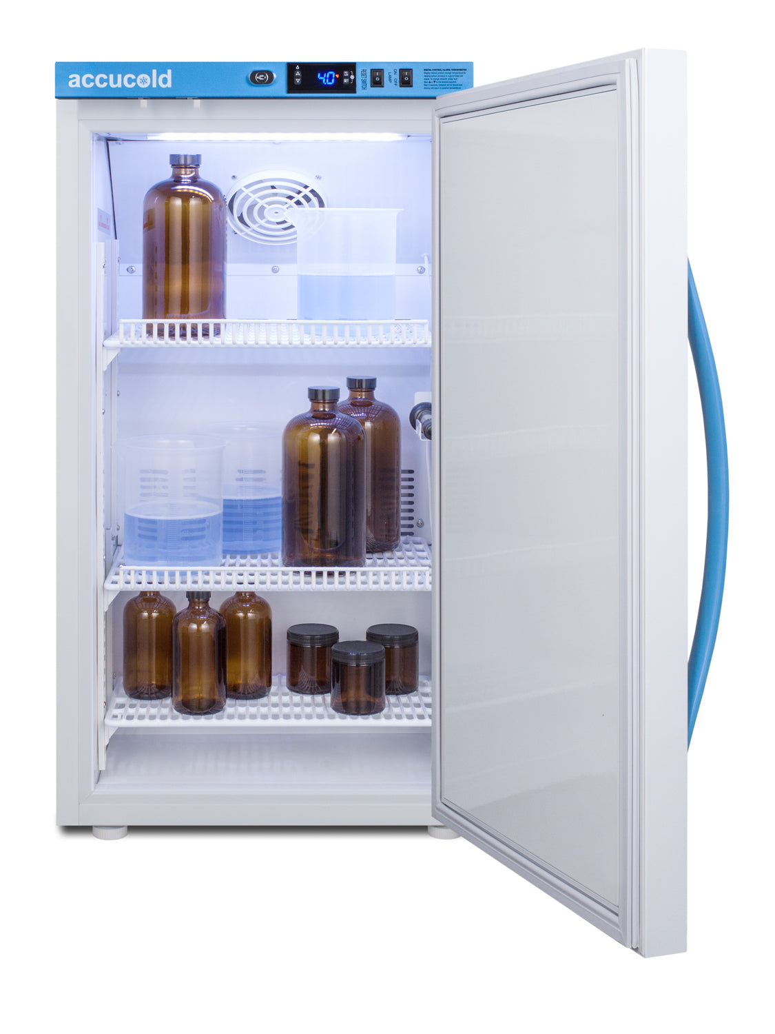 Open white laboratory refrigerator with glass bottles and jars on wire shelves in appliances and kitchenware collection