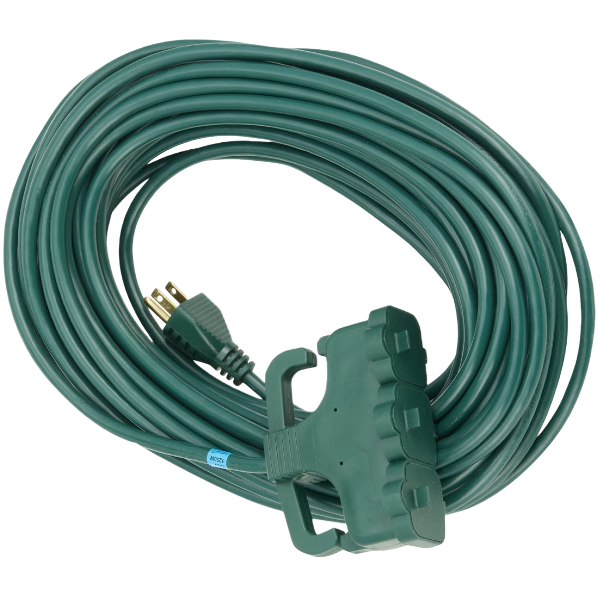 Green medium-duty extension cord with three grounded outlets, suitable for indoor and outdoor electrical and home improvement tasks.