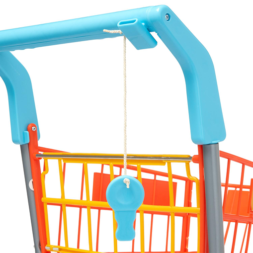 Close-up of blue handle and yellow-orange basket on colorful Casdon pretend play shopping trolley for Toys & Games collection