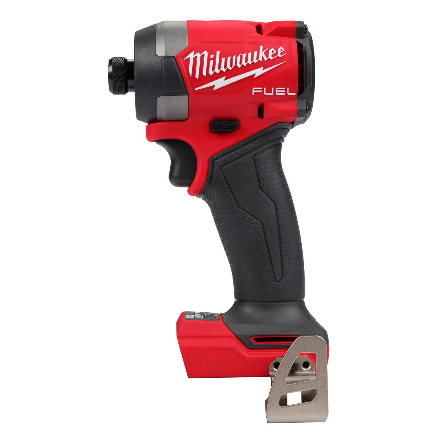 Cordless red and black compact impact driver with textured grip and metal belt clip for tools and home improvement use