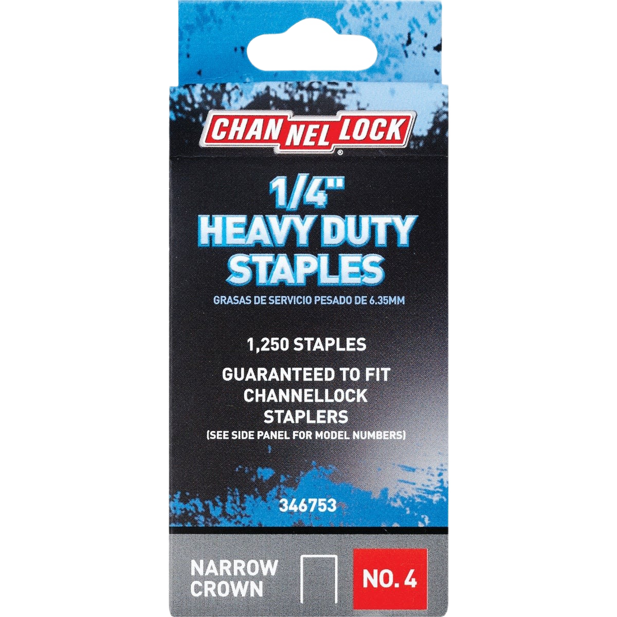 Package of 1,250 heavy-duty 1/4 inch narrow crown staples for use with Channellock staplers in tools and home improvement