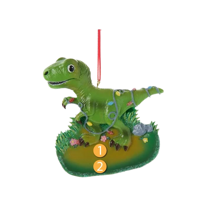 Green T-Rex dinosaur ornament wrapped in colorful holiday lights for Christmas tree decorations and festive displays