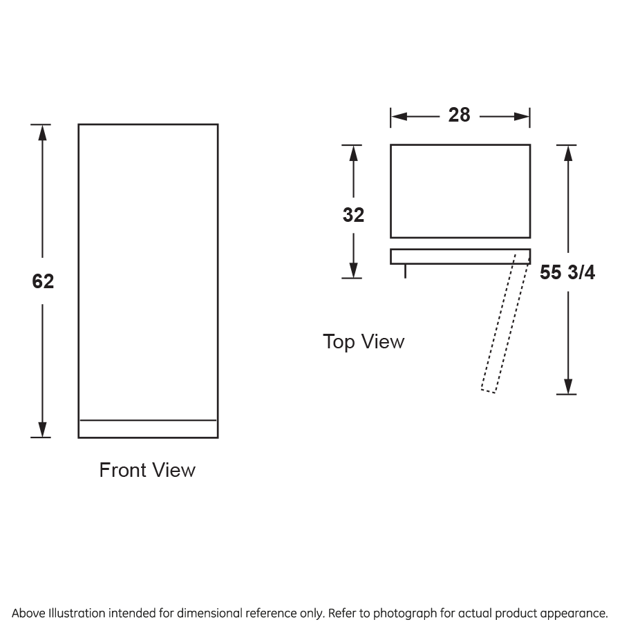Line drawing showing front and top dimensional measurements of an upright freezer for kitchen and appliance reference.