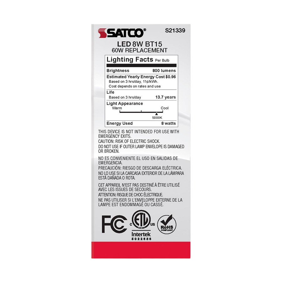 Back view of Satco 8 watt BT15 LED bulb packaging showing energy, brightness, and safety information for home improvement use