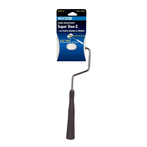 Paint roller with black ergonomic handle and blue label for tools and home improvement projects