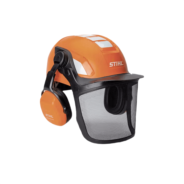 Orange safety helmet with black mesh face shield and ear protection for forestry and protective head gear collections