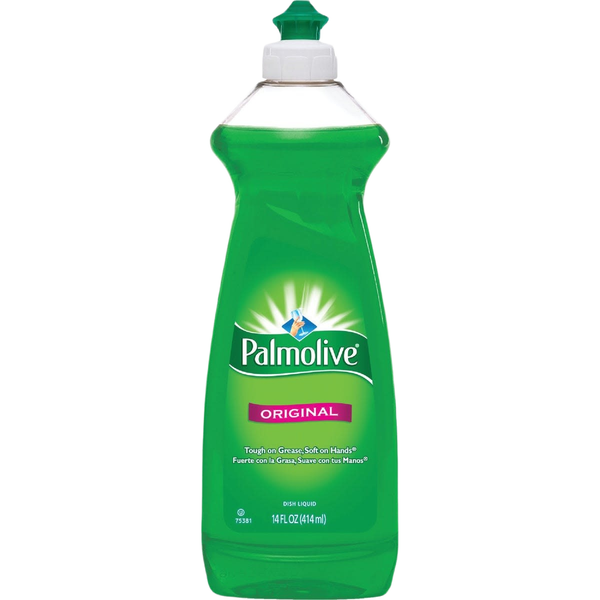 Green Palmolive Original dish soap bottle with flip-top cap for cleaning and household supplies.