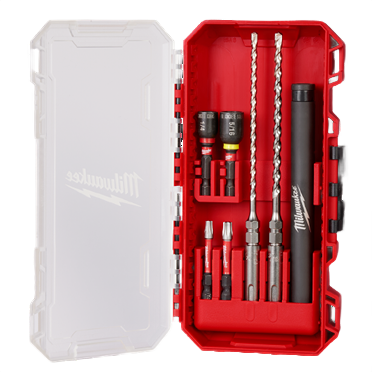 Compact red Milwaukee tool kit with SDS plus concrete bits and screwdriving accessories in clear lid case under $50 collection