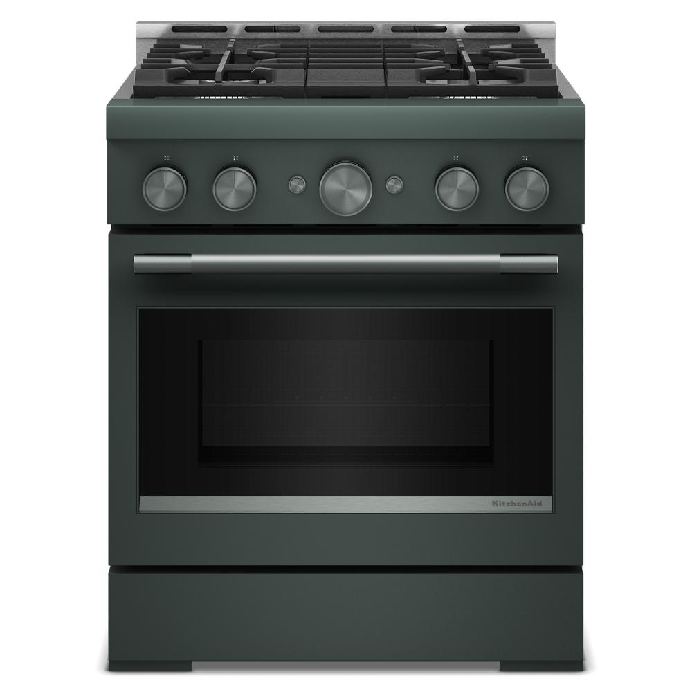 Front view of green KitchenAid commercial-style 30-inch gas range with four burners in Appliances collection