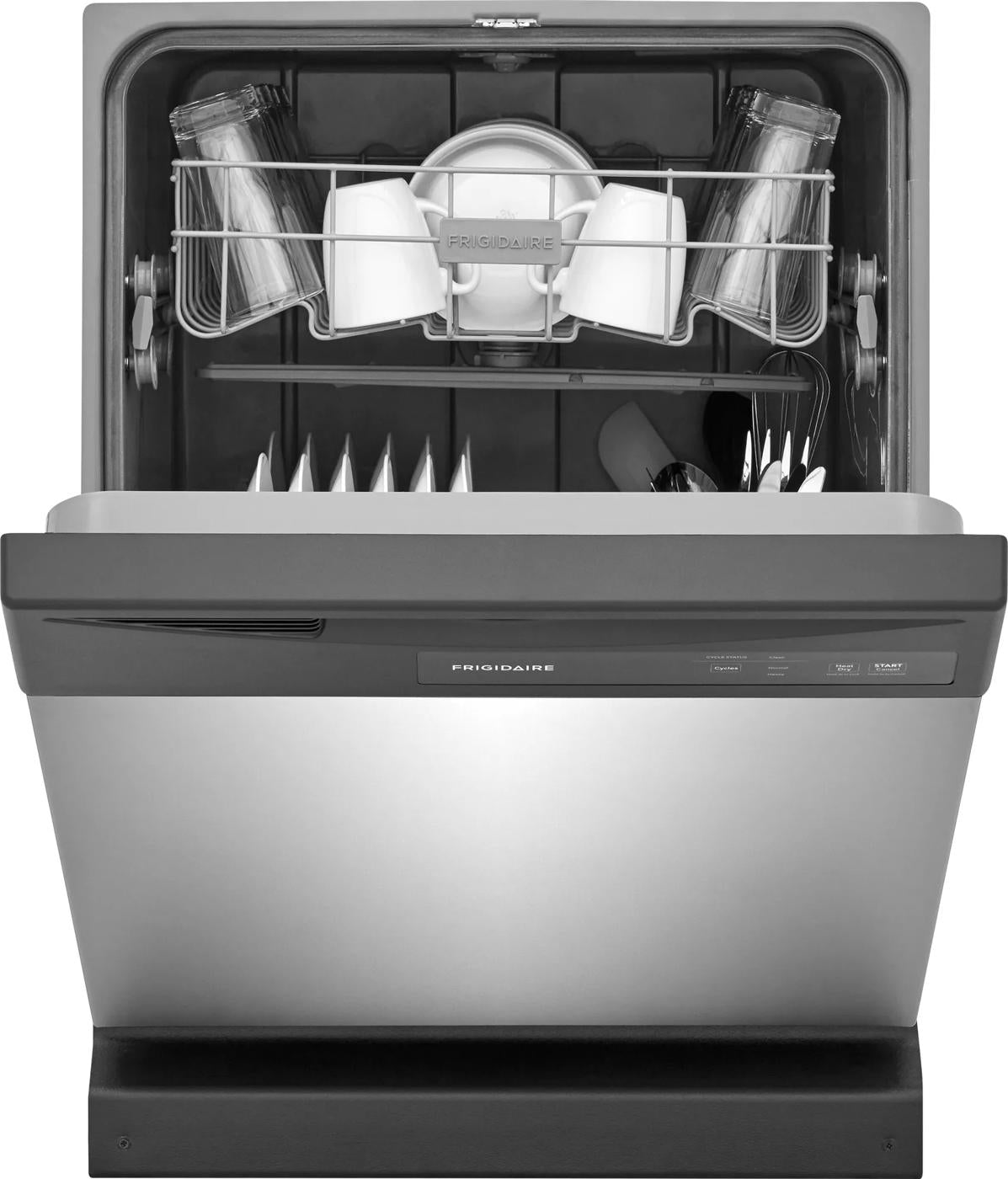 Open stainless steel dishwasher loaded with cups, glasses, and utensils for kitchen and home appliance use