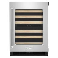24-inch undercounter wine cellar with glass door, wood-front racks, and stainless steel frame for KitchenAid appliances collections
