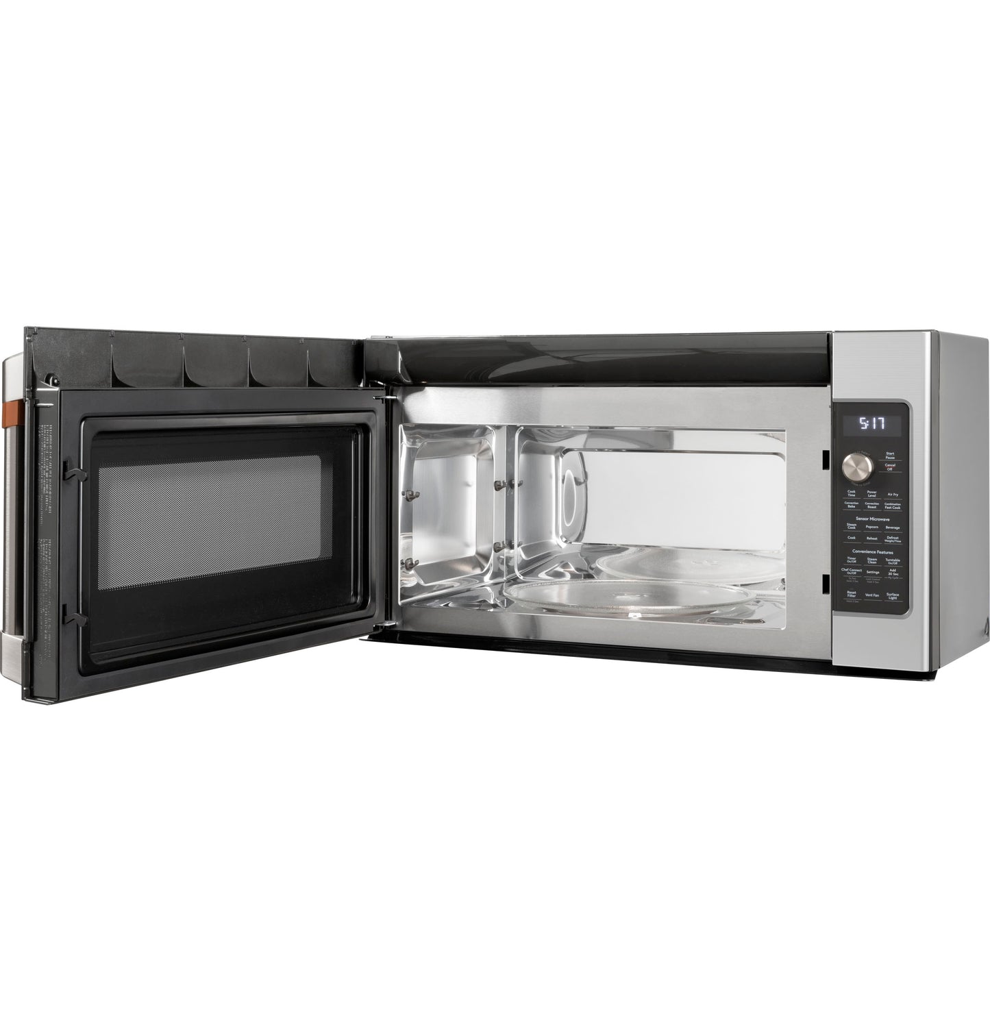 Stainless steel convection microwave with open door showing digital controls and spacious cooking interior in kitchen appliances collection