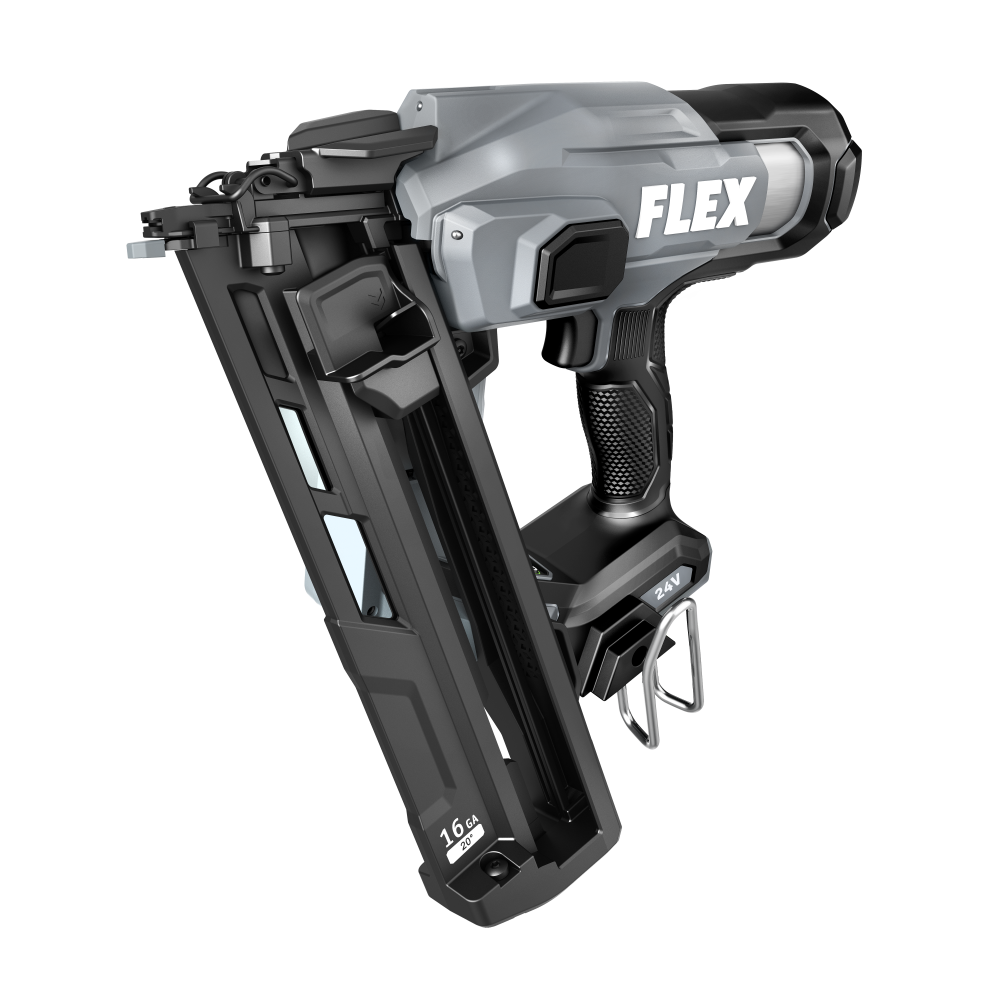 Cordless angled finish nailer with 24V brushless motor, designed for fast trim and molding installation in Power Tools and Nailers at Hartville Hardware.