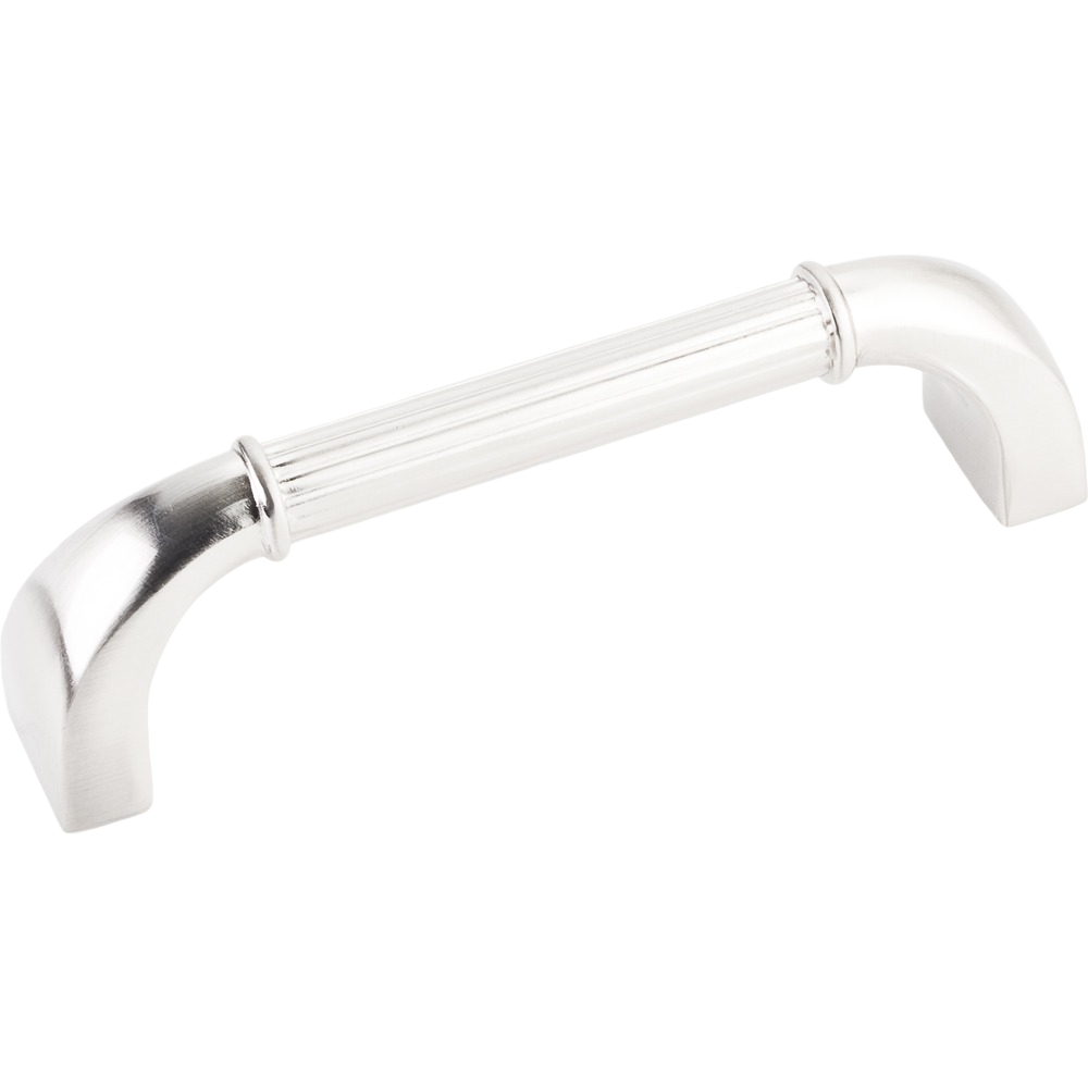 Satin nickel cabinet pull with curved ends and a ribbed center for home improvement use