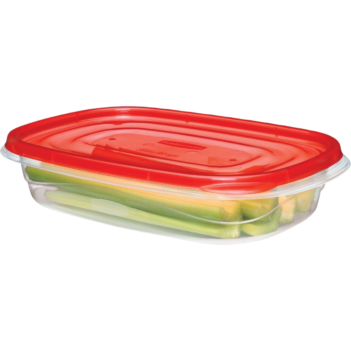Rectangular clear food storage container with red lid, ideal for kitchen organization and food storage under $25.