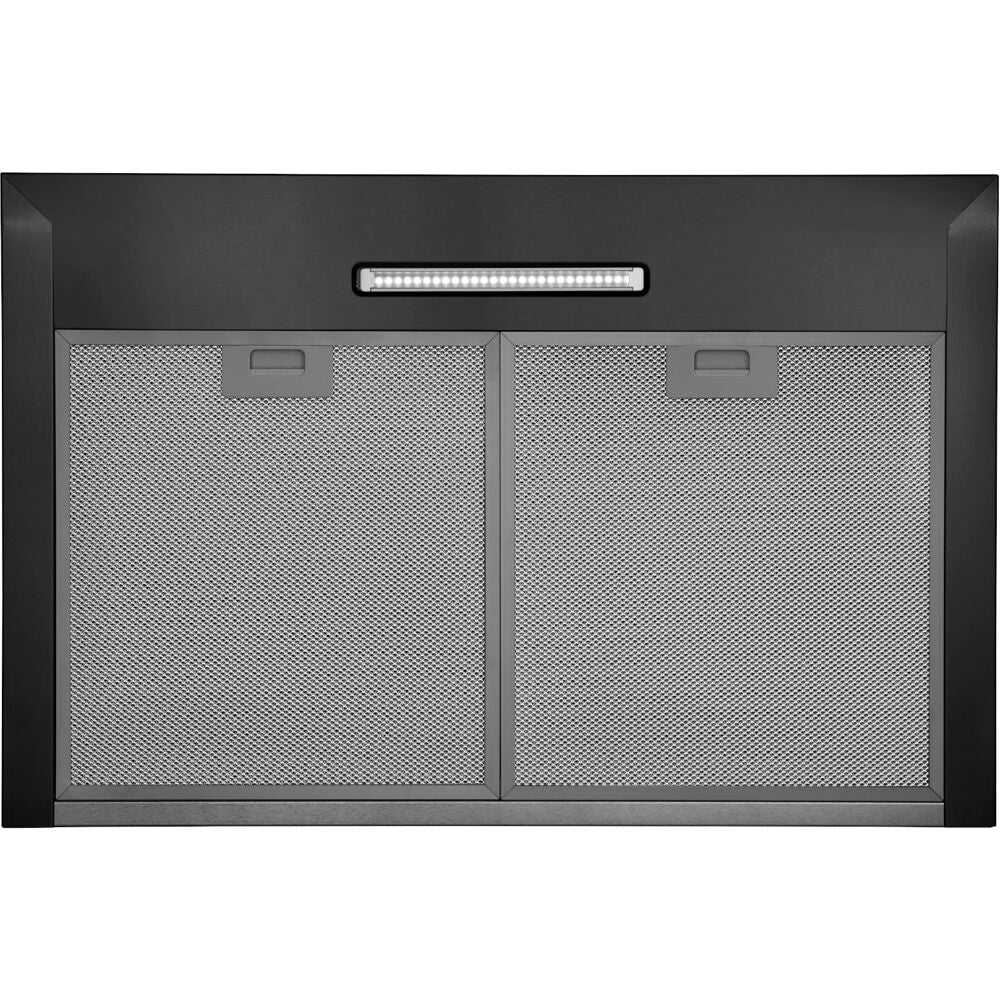Black stainless steel pyramidal chimney range hood with dual mesh filters and integrated LED light in kitchen appliance collection