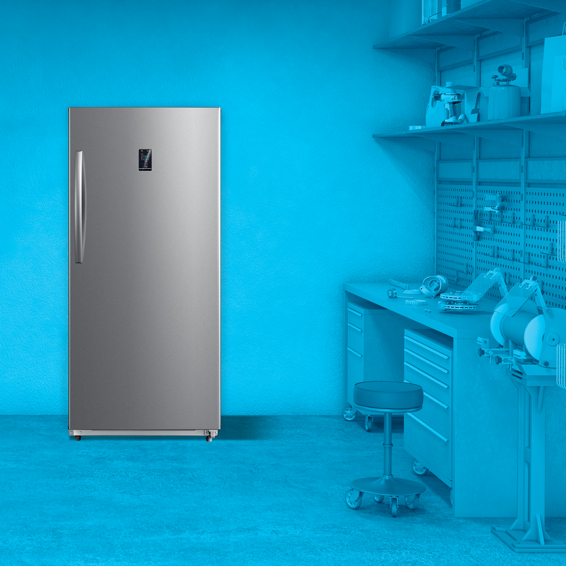 Stainless steel upright freezer with digital display and curved handle, suited for refrigerators, kitchenware, and appliances collections.