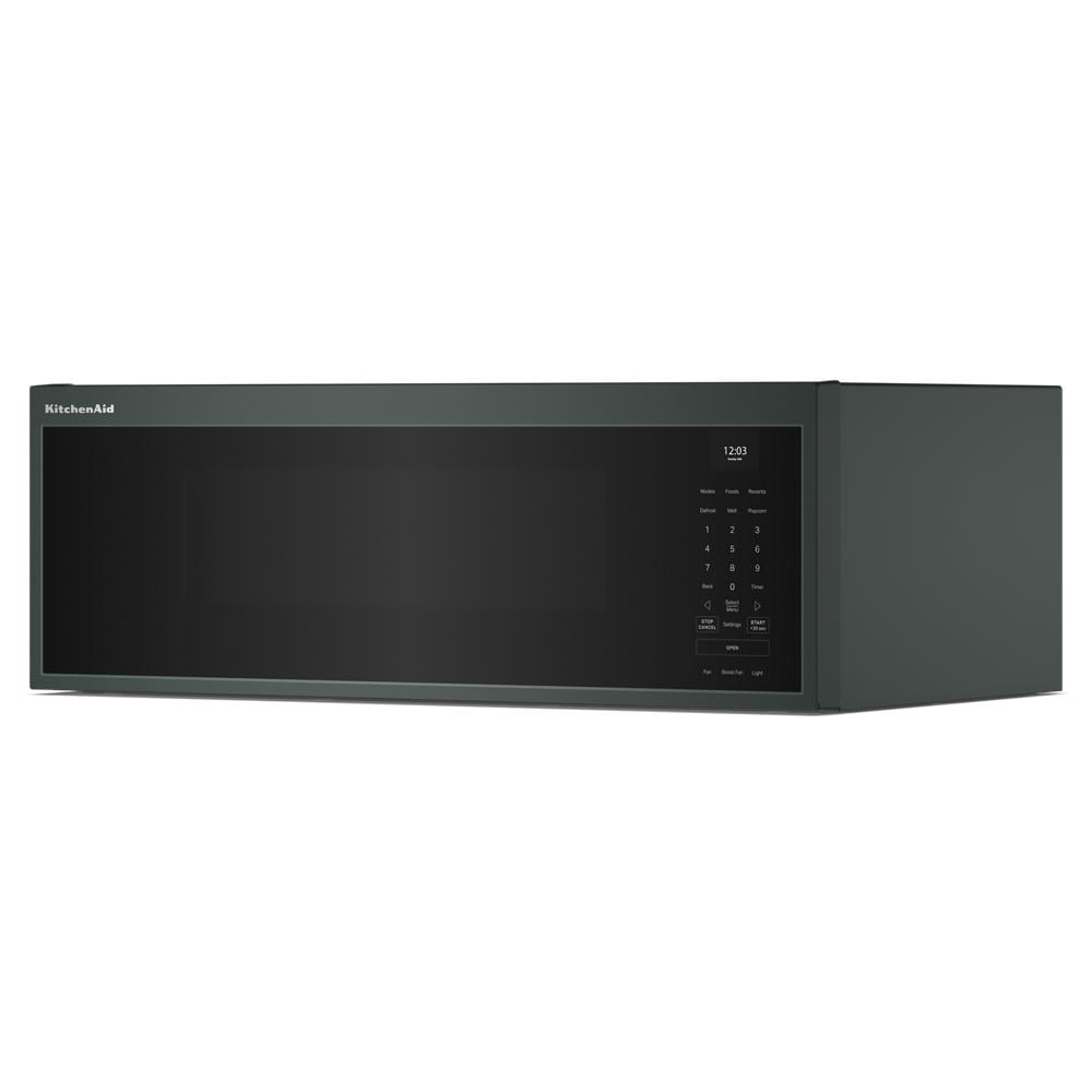 Sleek black low profile microwave hood with digital control panel for KitchenAid microwaves and appliances collection