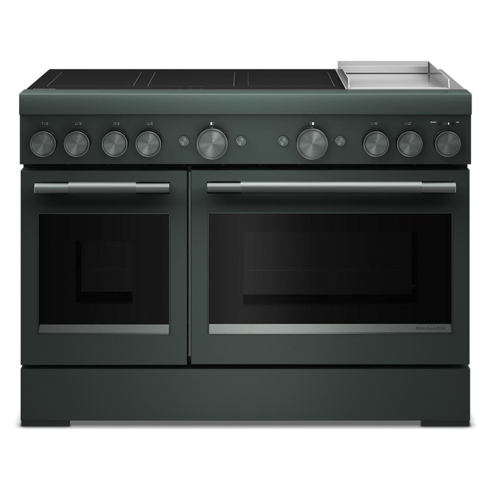 Front view of dark green 48-inch freestanding induction range with six control knobs and dual ovens from KitchenAid collection
