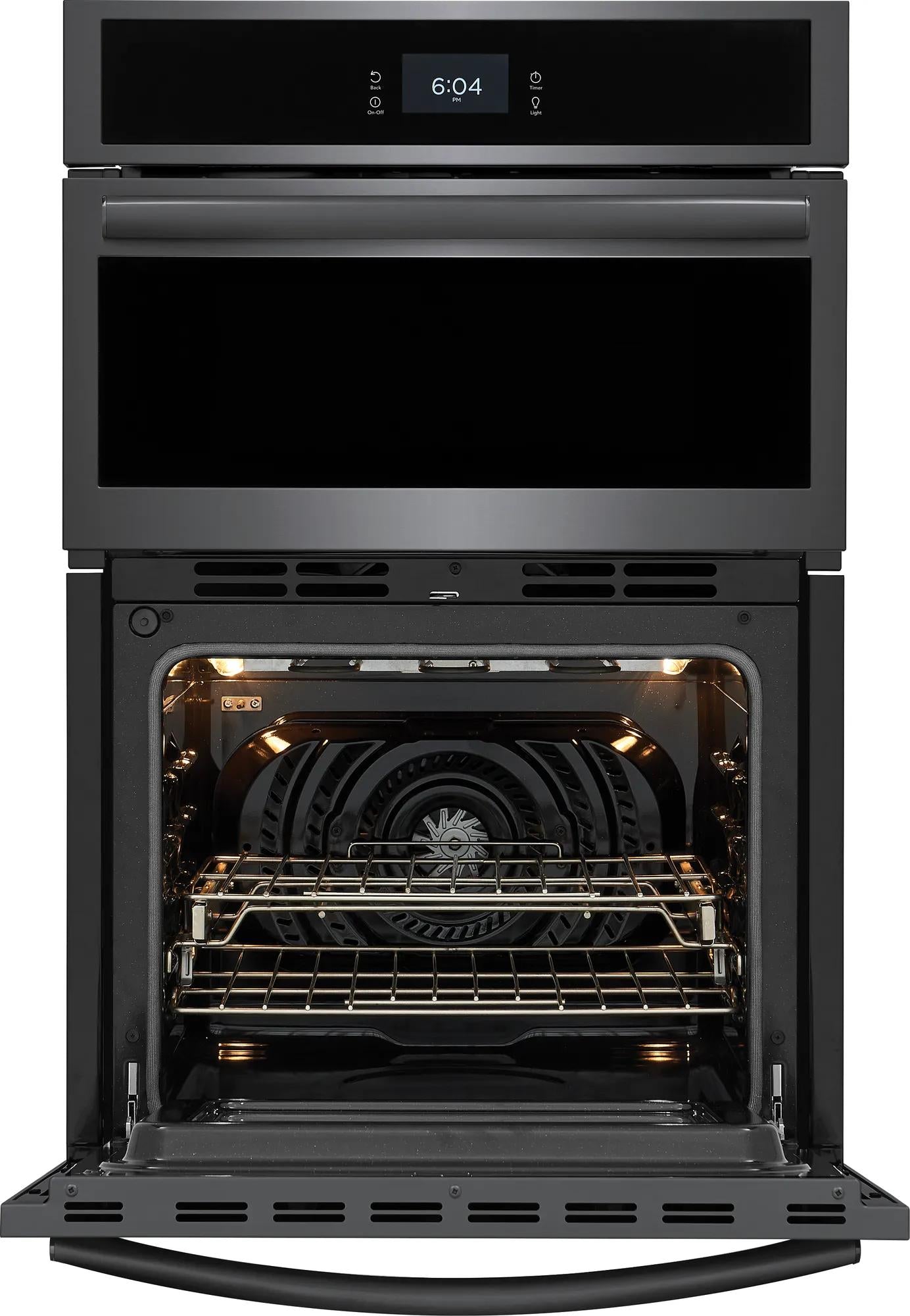 Black stainless steel electric wall oven with open door displaying convection fan and interior racks for home appliances
