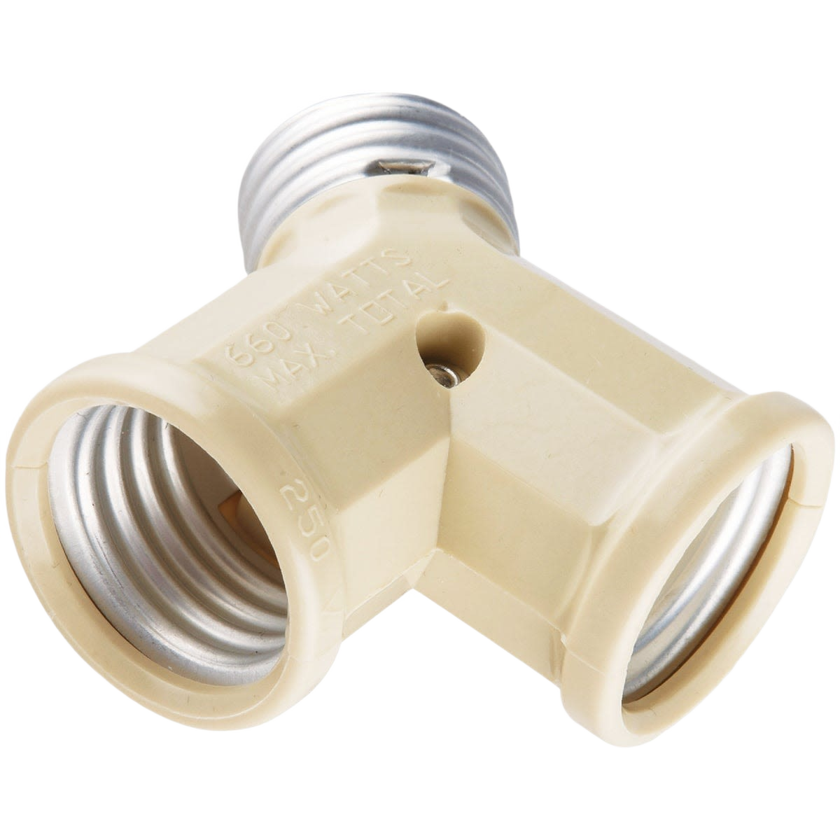 Ivory-colored twin socket adapter for lighting and electrical use converting one socket into two connections
