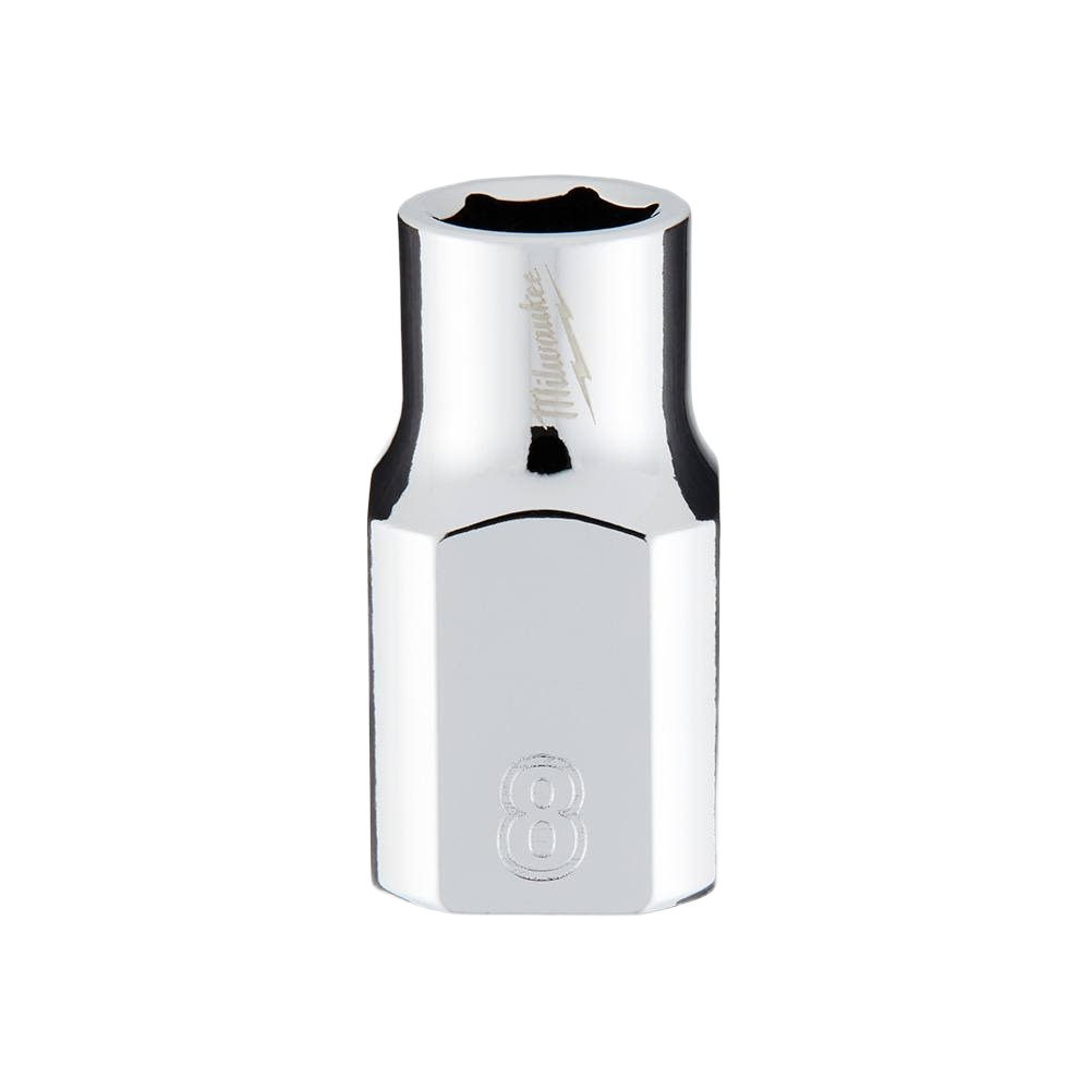 Chrome-finished 8mm 6-point socket with four flat sides for secure grip in tools and home improvement tasks
