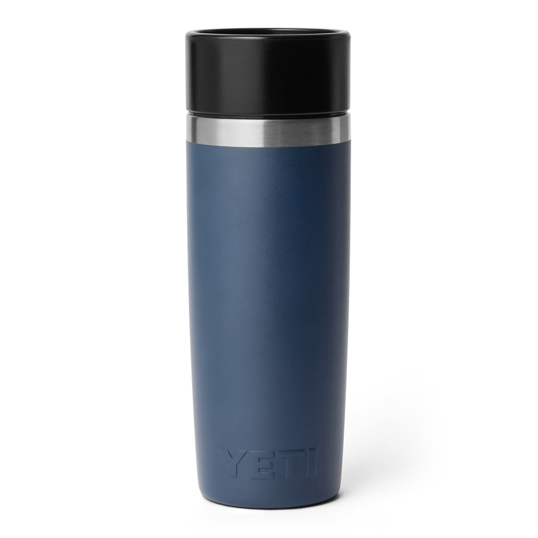 Matte navy 16 oz insulated travel bottle with stainless steel band and black lid in drinkware and kitchenware collections
