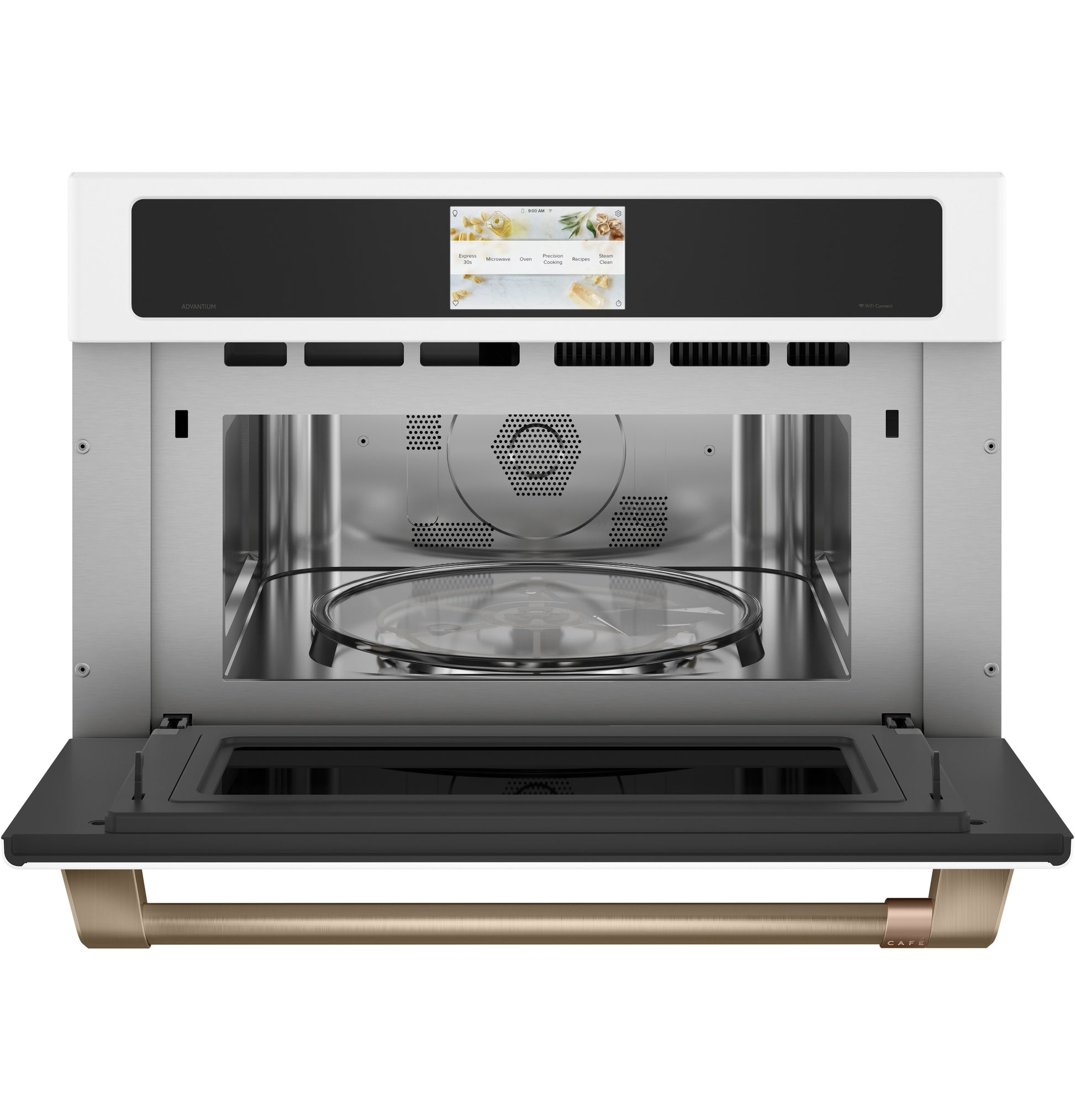 Open custom speed cook oven with stainless steel interior and touchscreen control from Wall Ovens collection