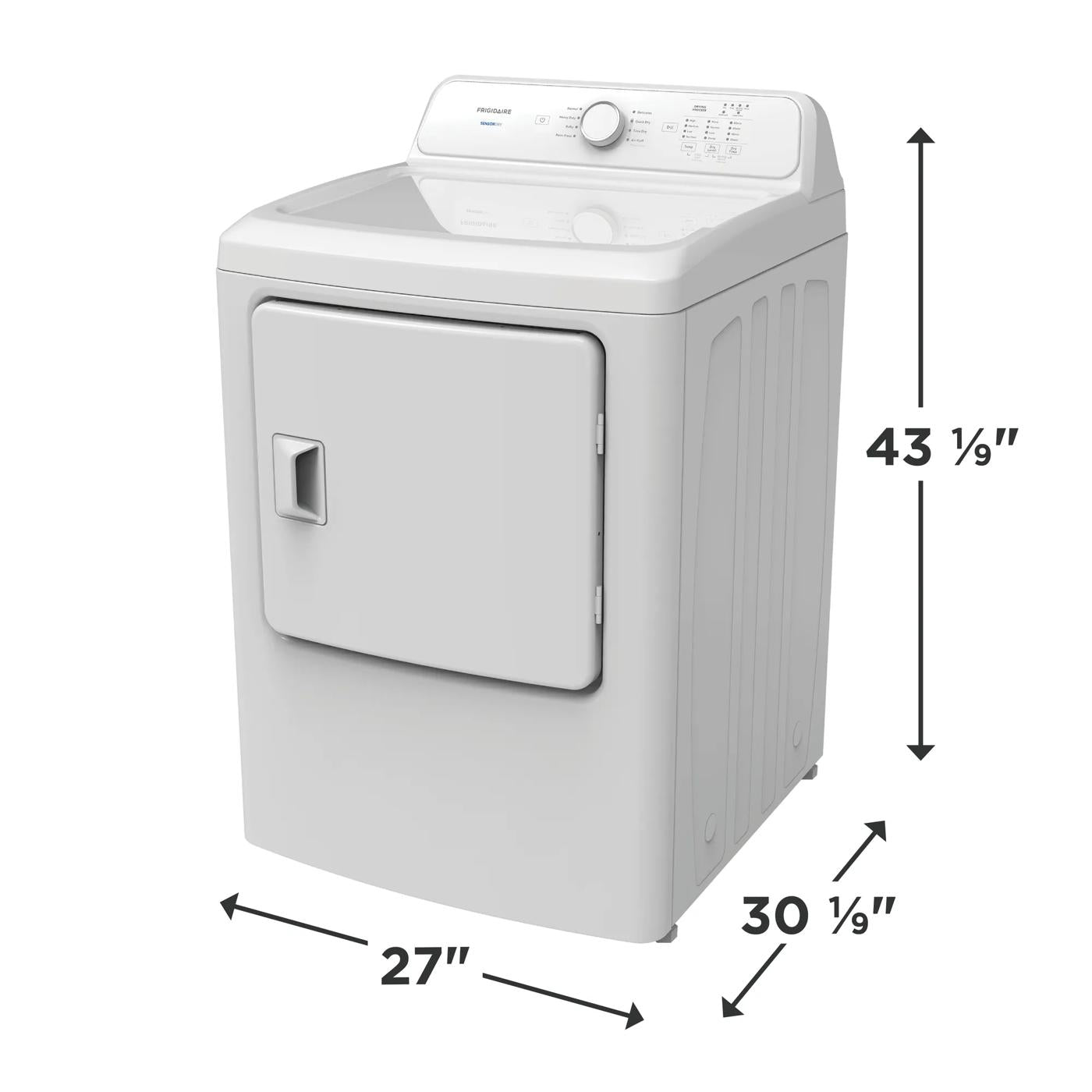 White electric dryer with front door, control dial, and compact dimensions for home appliance collection.