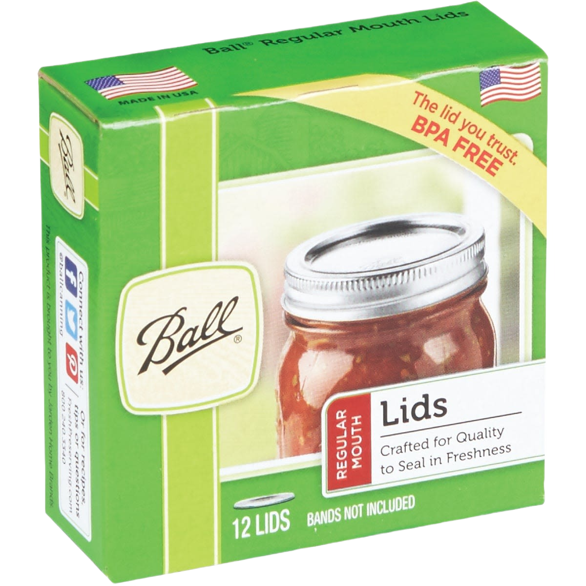 Green box containing twelve regular mouth metal canning lids for preserving jars, BPA free and made in USA